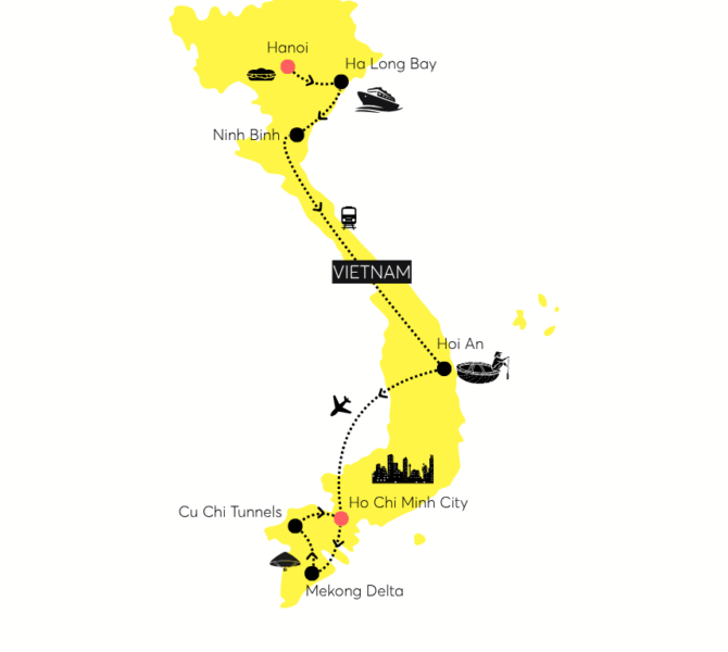 Karte von Vietnam mit markierten Reisezielen: Hanoi, Ha Long Bay, Ninh Binh, Hoi An, Ho Chi Minh City, Cu Chi Tunnel und Mekong-Delta.