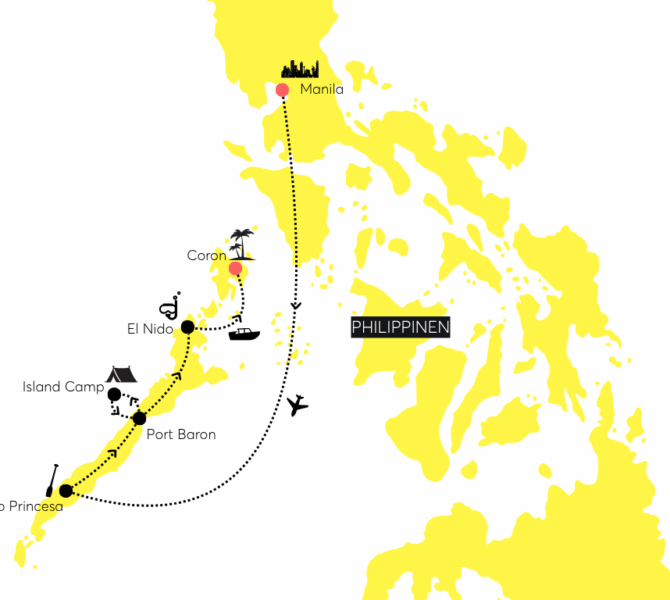 Karte der Philippinen mit eingezeichneter Reiseroute von Manila über El Nido und Port Barton bis nach Puerto Princesa.