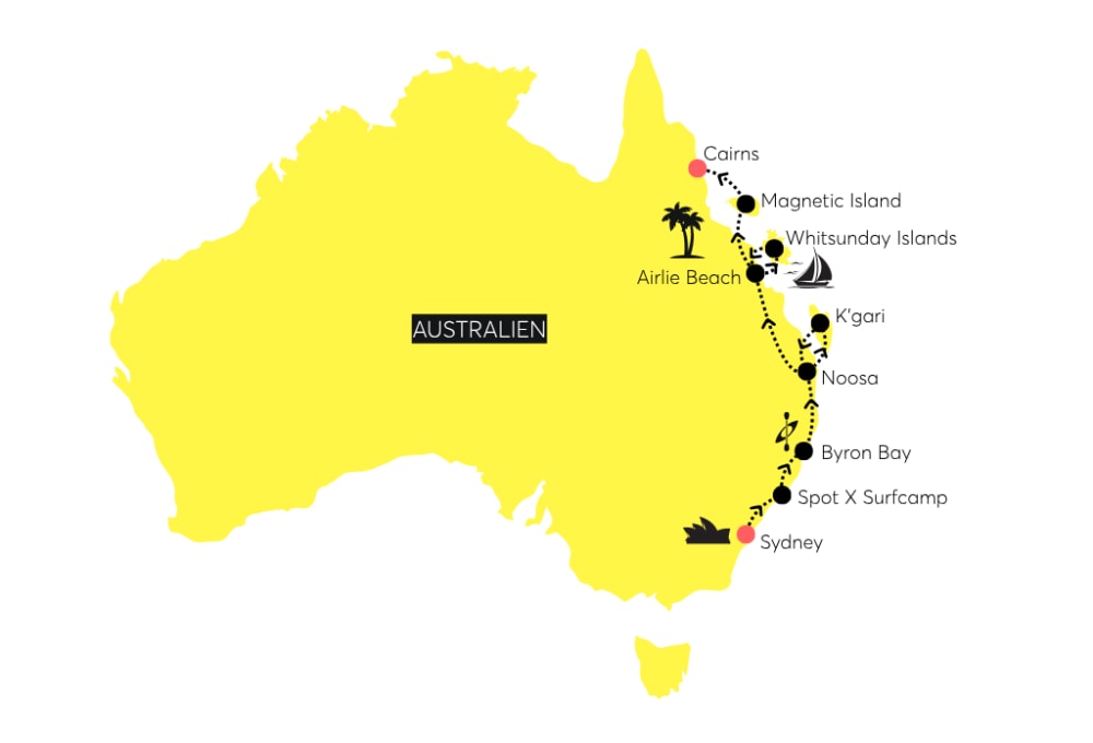 Karte von Australien mit den Stopps der wayers Adventure Tour Gruppenreise "Epic East Coast Tour"