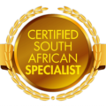 Goldenes Abzeichen mit Lorbeerkranz und Schriftzug Certified South African Specialist für Südafrika-Expertise