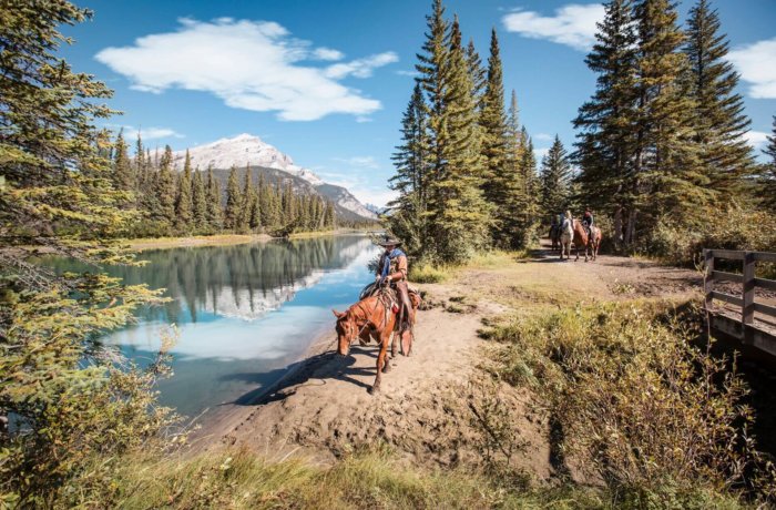 Reiter auf Pferden am Flussufer umgeben von Nadelbäumen und Bergen bei klarem Himmel während eines Farmstays in Kanada.